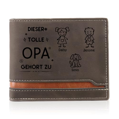 Wamantic Geldbörse Herren PU Leder Personalisierte - Portmonee Herren mit 1-6 Namen des Familienmitglieds Geschenk für Papa Opa Großeltern Weihnachten Geburtstag Vatertag (Braun-Opa Geschenk-3 Namen)