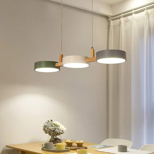 LED Kronleuchter Pendelleuchte Holz Warmweiss Licht Elegante Esszimmer Lampe Rechteckige Grau weiß grüner Schirm Metall Hängelampe Modern für Studie Küche insel Büro Esstisch Deko beleuchtung, L73cm