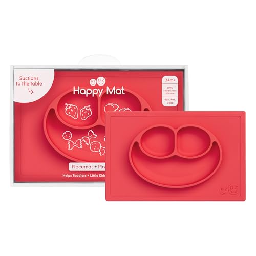 Image of ezpz Happy Mat - 24 Months+ (Coral) - 100% Silicone Suction Plate with Built-in Placemat for Toddlers + Preschoolers - Divided Toddler Plates - Toddler Essentials…