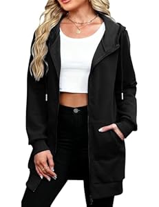 Tuopuda Fleecejacke Damen Lang Sweatjacke Kapuzenpullover Mit Kapuze Reißverschluss Übergroß Herbstjacke(Schwarz, XL)