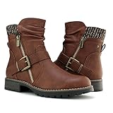 Hawkwell Women's Combat Boots Fashion Side Zipper Buckle Ankle Booties,Brown PU,8 M US