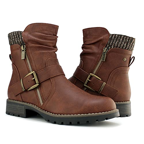Hawkwell Women's Combat Boots Fashion Side Zipper Buckle Ankle Booties,Brown PU,7 M US