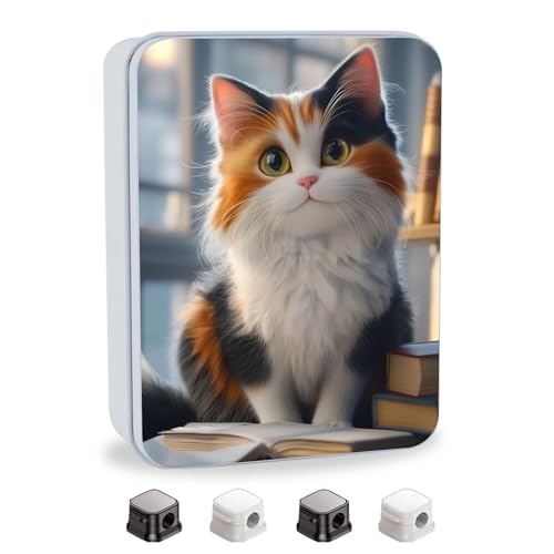 Image of Metal Tin Box with Lid,Multi-functional Storage Large Box Can Store Tea Biscuits Game Cards, Playing & Tarot Cards-Comes with 4 Magnetic Cord Clips,Calico Cat with Books