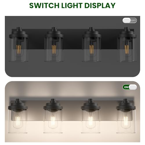 Image of Bathroom Vanity Light Fixture, 4-Light Modern Black Vanity Light Fixtures with Clear Glass Shade, Matte Black Bathroom Light Fixtures Over Mirror, Rustic Restroom Lighting Fixtures