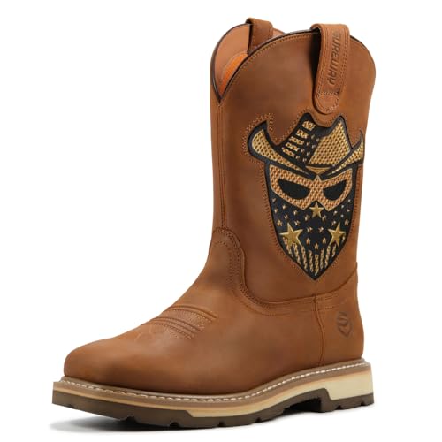 Cowboy Boots - Men’s Square Toe Work Boot,Pull On Leather Wellington Boots,Comfortable Durable Classic Slip Resistant Soft Toe Western Boot - slip on