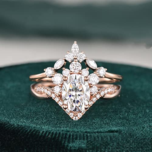 1.5ct Oval Cut Moissanite Engagement Ring Set for Women Vintage Moissanite Bridal Set Infinity S925 10k/14k/18k White Rose Gold Twisted Cluster Halo Wedding Ring Set Ring Wedding Anniversary for Her4