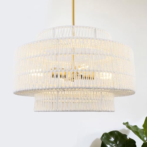 Image of 18 inch Boho Rattan Chandelier, Gold, AD-25050-4P-WH | 4-Light 3-Tier Hand Woven Dining Room Light Fixture, White Pendant Lights for Living Room Kitchen Island, Adjustable Height