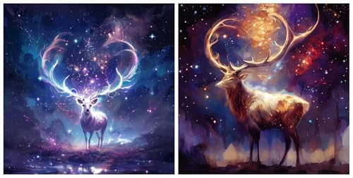 Kit diamond painting cerf 5D ciel étoilé : 2 peintures diamant complet 70x70 cm