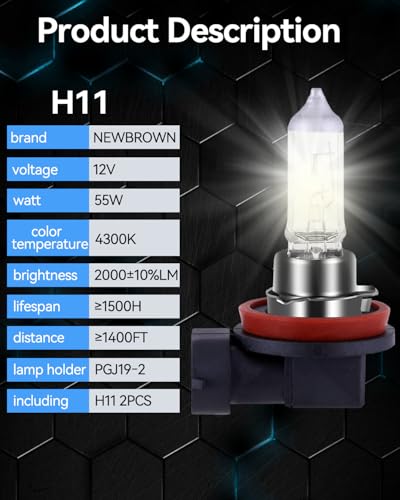 Image of NEWBROWN H11 Headlight Bulb 200% brightness 4300K White 12V /55W H11 Bulb Halogen Long Life Replacement PGJ19-2 (H11, 2 Pack)