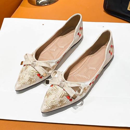 Women's Bow Embroidered Floral Pointed Toe Ballet Flats Slip On Retro Casual Comfortable Soft Dressy Flats for Wedding Party Work4