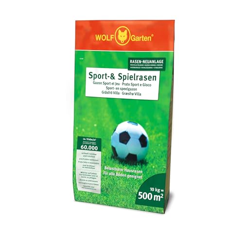 WOLF-Garten Sport- & Spielrasen LG 500 (für 500 m², schnell nutzbar & trittfest, strapazierfähiger Rasen für Sport- & Spielplätze, Hausgarten, für alle Bodenarten geeignet, 10 kg Papiersack) 3825041
