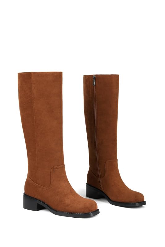 Image of ZJA Knee High Boots Square Toe Boots Low Heel Flat Long Boots for Women Dress Chunky Comfortable Tall Boots