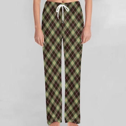 Yellow-Green Scottish Plaid Womens Mens Pajama Pants Lounge Sleep PJ Bottoms with Pockets4