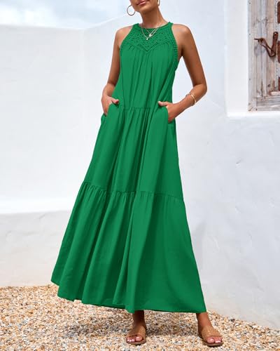Image of BTFBM Halter Summer Dresses for Women 2026 Casual Spring Hollow Out Sleeveless Boho Sundresses Beach Vacation Maxi Dress