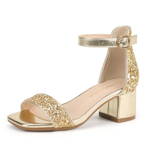 Image of Hehainom Girls Dress Shoes Heels Sandals Little Big Kids Square-Toe Ankle Strap Wedding Party Flower Girls Shoes