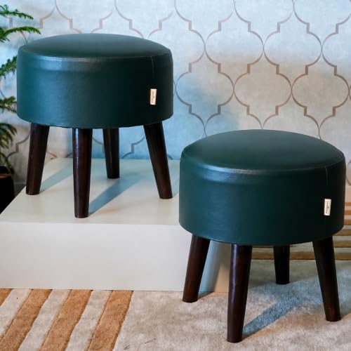 Image of Stool Ottoman Pouffes for Living Room, Kitchen, Home, Office Furniture with Soft Cotton Cushion Mudda Footrest Stool for Chair Sofa Bed Dressing Decor, Green Leather (17 Inch Pack of 2)
