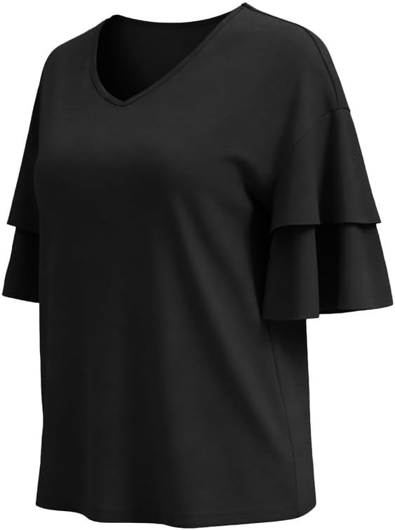 3/4 Length Sleeve Womens Tops Summer V-Neck Blouses Spring Ruffle Sleeve Tunic Casual T Shirts Bell Sleeve Cute Tee