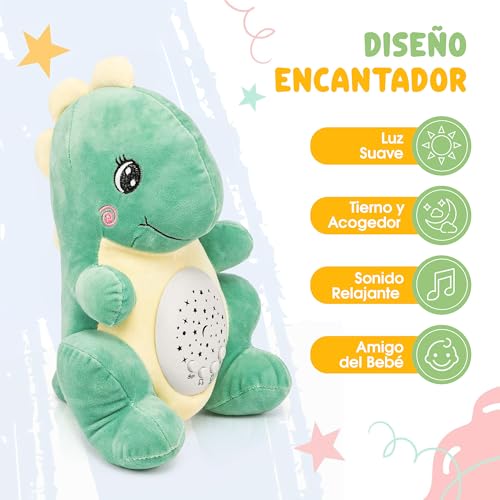 CORALEDA, Peluche de Dinosaurio para Bebes, muñeco Que proyecta Luces y Sonido, Juguetes Bebes 6-12 Meses, Música para Dormir al Bebe con Melodías Relajantes, Dormir al bebé, Regalo de Bautizo niño. - imagen 6