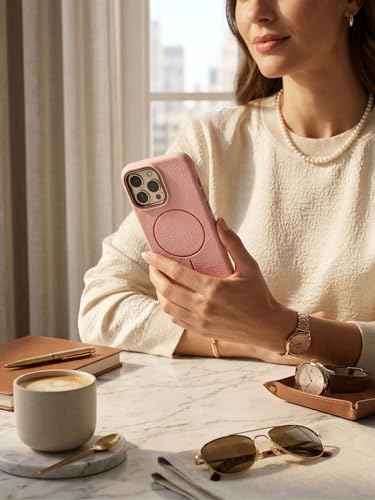 Image of amazon basics Luxury MagSafe Compatible Leather Texture Back Cover for iPhone 11 | Raised Camera Protection | Slim Fit Shockproof Case with Metallic Accents (Pink)