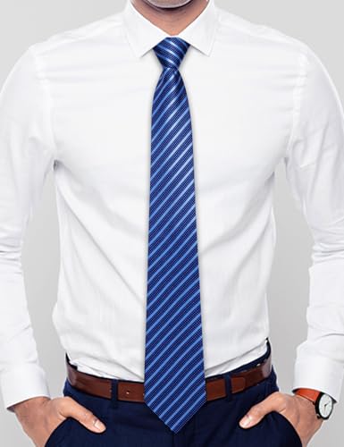 Image of Hi-Tie Mens Adjustable Blue Striped Tie Set Silk Zipper Pre-tied Necktie Handkerchief Cufflinks Pocket Square Lapel Pin Formal Business