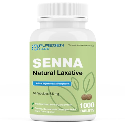Puregen Labs Senna 8.6 mg Tablets (1000 Count) Natural Sennosides Vegetable Laxative for Constipation Bloating Gas Irregularity Relief