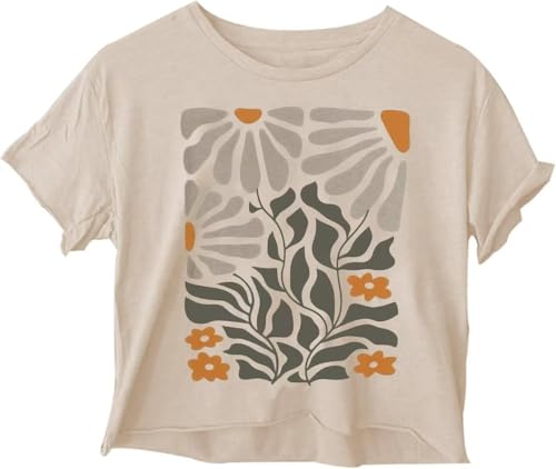 Woffccrd Womens Short Sleeve Crop Tops Wildflower T-Shirts Crew Neck Summer Casual Loose Graphic Tee Tops (XL 1 Beige)