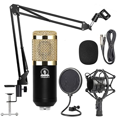 Image of ZHIZUKA BM800 Condenser Microphone Adjustable Boom Arm + Shock Mount + Pop Filter | Recording, Podcast, Streaming, Voice Overs, Singing, YouTube | Mobile, PC, MAC, PS4 | Need additional 48V Phantom Power | 3.5mm Mic - Gold