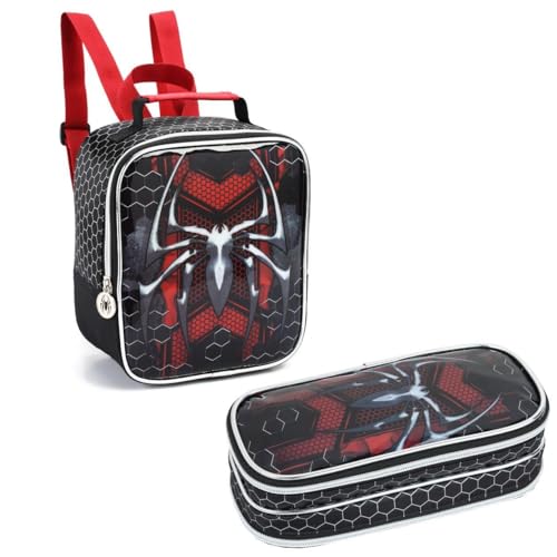 Kit Escolar Infantil, Lancheira Térmica e Estojo Porta Lápis Duplo com Estampa, Alça e Zíper