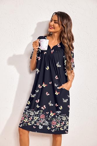 Image of Ekouaer 2 Pack House Dresses for Women with Pockets Short Sleeve Moo Moos Floral Print Mumu Dresses