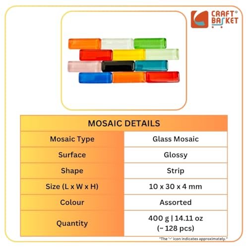 Image of Assorted Colours Glass Mosaic Tiles (20 Variations) (All Packs: 100 g,200 g,400 g,1 kg), DIY Mosaic Art, Decoration, Crystal Glass Mosaic Tiles (Glossy Strip 10 X 30 mm), 400 G
