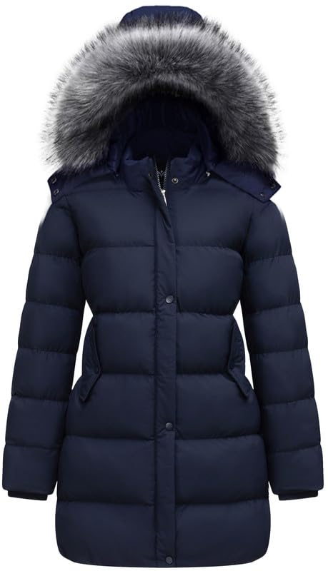 GGleaf Winter Coats for Women Hooded Warm Long Puffer Parka Jacket with Fur Hood Navy X-Large