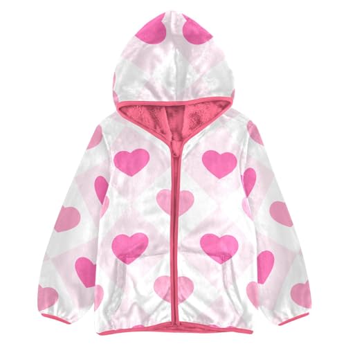 OTVEE Valentine Pink Heart Plaid Kids Hoodie Jacket Fall Spring Full Zip Warm Outwear Hooded Coat