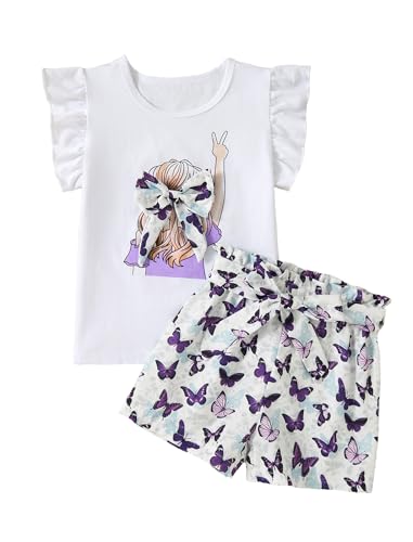 Woleroyir Girls Shorts Set 2 Piece Summer Clothes Cute Graphic Tee with 3D Bow and High Waisted Casual Shorts Outdoor Beach Outfits 7-8 Years
