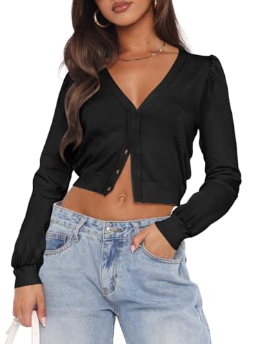 Ezbelle Cardigan Sweater Women's V Neck Tops Knit Crop Button Down Shirt Puff Sleeve Open Front Sweaters
