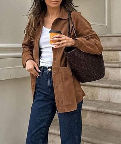 Sexyshine Women's Faux Suede Leather Jacket Lapel Long Sleeve Button Down Boyfriend Midi Length Shacket Coat4