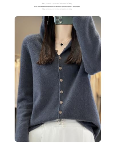 Image of Cashmere Sweaters for Women Button Down V Neck Hooded Cardigan Casual Loose Long Sleeve Soft Knit Pullover Tops