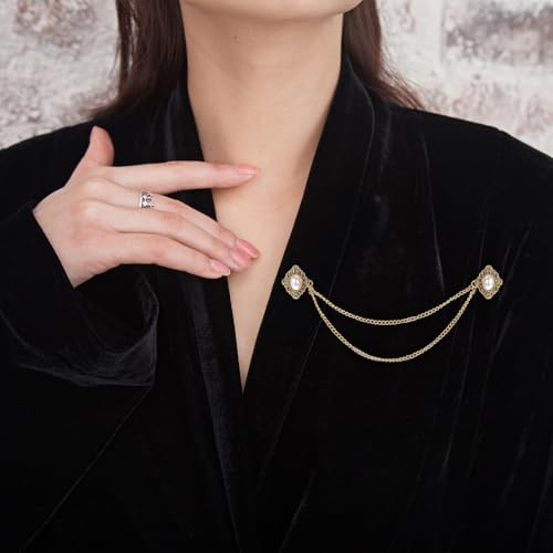Image of Mabor Collar Chain, 4Pcs Vintage Sweater Shawl Chain Clips Antique Cardigan Collar Clips Cloak Chain Holders Gold Silver Brooch Pin for Women Men Lapel Suit Dress Decoration