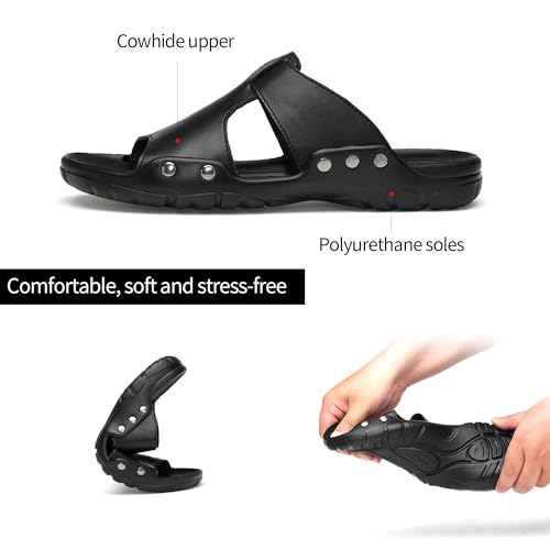 Men's Slide Sandals,Men's Beach Sandals, Men's Indoor/Outdoor Sandal Slippers，Premium Leather Slides, Comfort Fit2