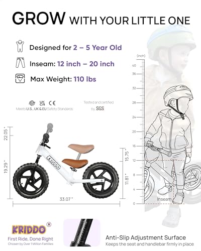 Image of KRIDDO Toddler Balance Bike 2 Year Old, Age 24 Months to 5 Years Old, 12 Inch Push Bicycle with Customize Plate (3 Sets of Stickers Included), Gift Bike for 2-3 Boys Girls, White