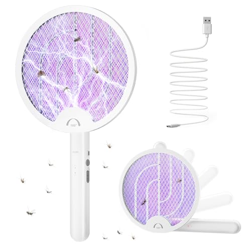 WOCVRYY Racchetta Zanzare Elettrica Pieghevole 4000V 1500mAh 3 in 1 Scacciamosche Elettrico USB Ricaricabile Insetti Scacciamosche Portatile e Luce LED Adatto per Interni ed Esterni