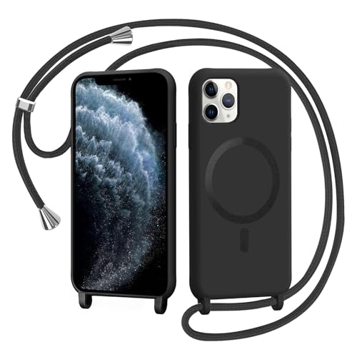 AOMYKE Handyband für iPhone 11 Pro Hülle mit Band Magnetisch Handyhülle kompatibel mit Magsafe zum Umhängen Schutzhülle mit Kette Kordel Weich TPU Liquid Silikon CaseSchwarz