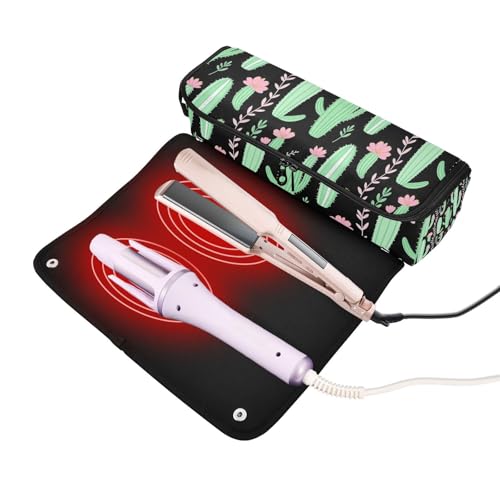 Bolso organizador 2-en-1 para plancha de pelo y rizador con almohadilla resistente al calor, para herramientas calientes, ideal para viaje, diseño portátil de cactus y suculentas miniatura 2