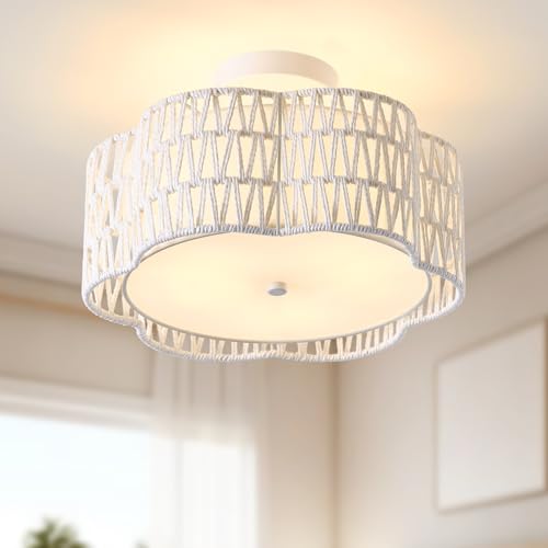 Giutna 13.4" Boho Light Fixtures Flush Mount, 3-Light Rattan Ceiling Light Fixtures Flush Mount Gold for Bedroom, Flower-Shaped Close to Ceiling Light Fixture for Hallway Kitchen Dining Room(White) by Giutna - Used condition - US$39.93
