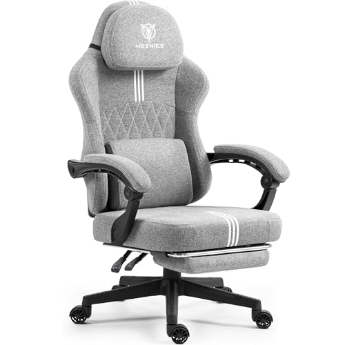 MEENICE Gaming Chair with Gel Pad Pocket Spring Cushion for Adults, Ergonomic Computer Chair with Footrest and Massage Lumbar Support, High Back Leather Game Chair for Office, 300LBS, Light Grey