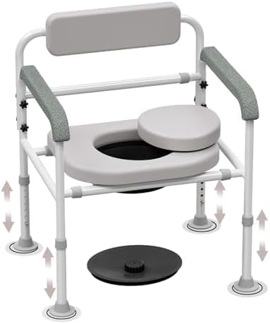 Adjustable Medical Bedside Commode Chair with Padded Backrest, Height Adjustable, Drop Arm Support