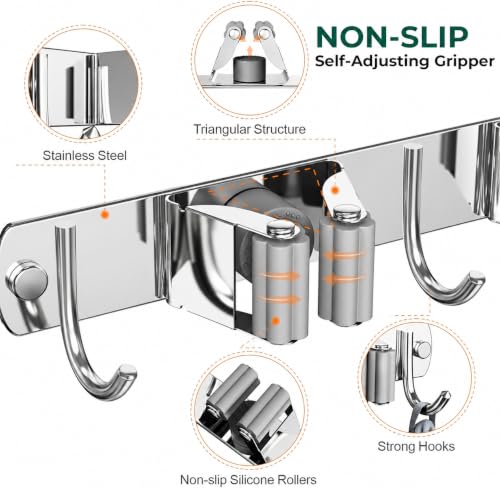 Image of Niwlix 2 Slot & 3 Hook Stainless Steel Mop and Broom Holder Wall Mount, Anti Slip Heavy Duty Waterproof Broom Hanger Stand Organizer Tool for Kitchen Home Garden Bathroom Garage