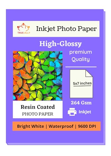 Image of True-Ally 100 sheets Premium 5x7 inch 260 GSM RC (Resin Coated) Water Proof Instant Dry Luster Glossy Inkjet Photo Paper (100 Sheets)