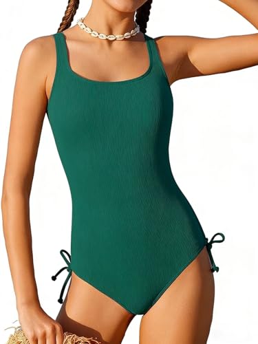 Image of Girls One Piece Swimsuits Ribbed Bathing Suit Teen Girls Adjustable Straps Drawstring Athletic Swimwear Swim Suit