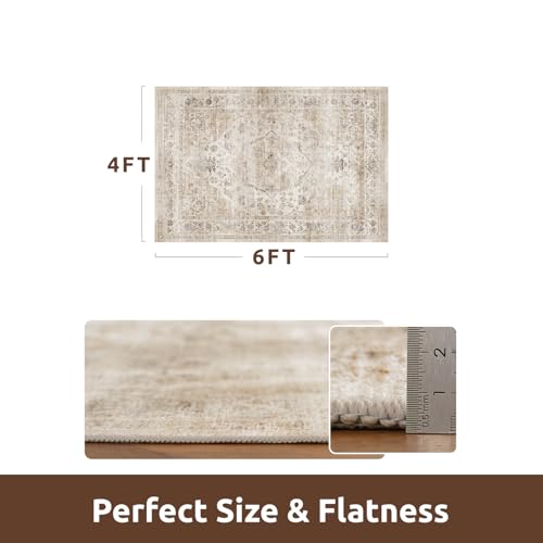 AMOAMI-4X6 Area Rugs for Living Room -Soft Vintage Bedroom Rugs-Non Slip Washable Rug-Throw for Living Room Bedroom Bedside Dining Room Office Beige