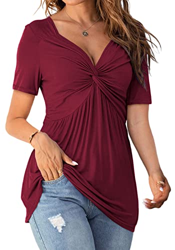 Image of Tankaneo Womens Front Knotted V-Neck Blouse T Shirt Short Sleeve Oversized Tunic Tops Summer Solid Pullover Tees